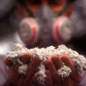 Man in full protective gear hold up two handfuls of asbestos fibers.